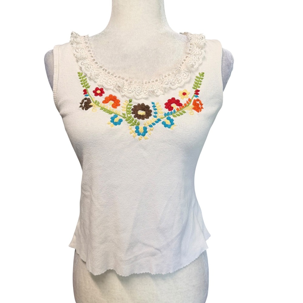 Vtg 90s Y2K Tank Top Womens L Knit Coquette Whimsigoth Fairy Floral Embroidered - Picture 2 of 15